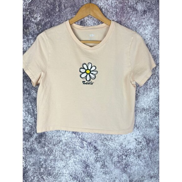 Levi's Pink Daisy Logo Cropped top Blouse Tee Shirt Women's Medium - Picture 1 of 9